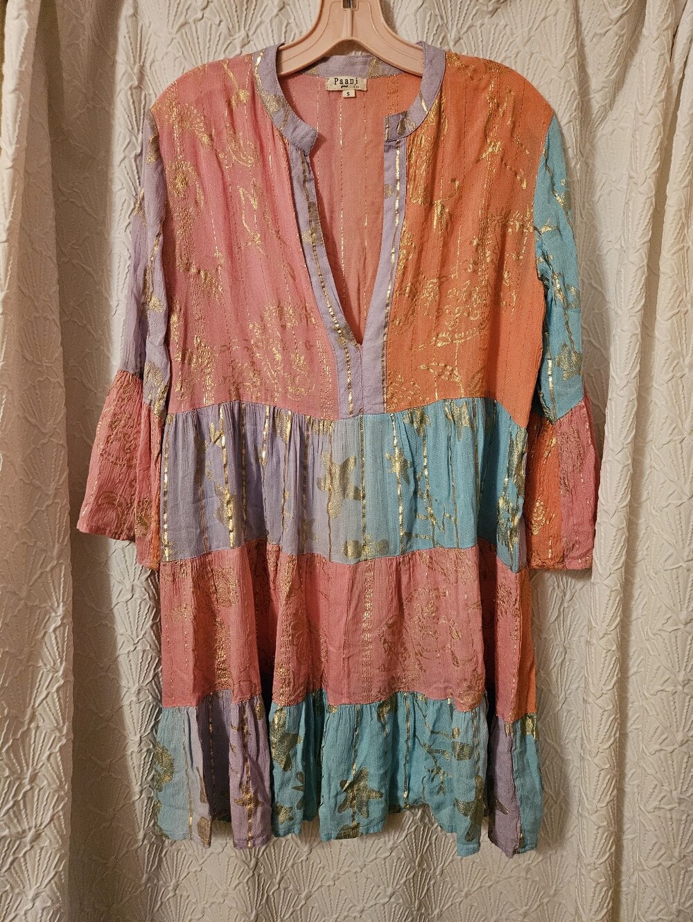 Paani   Pink Orange Blue Metallic Floral Tiered Tunic
